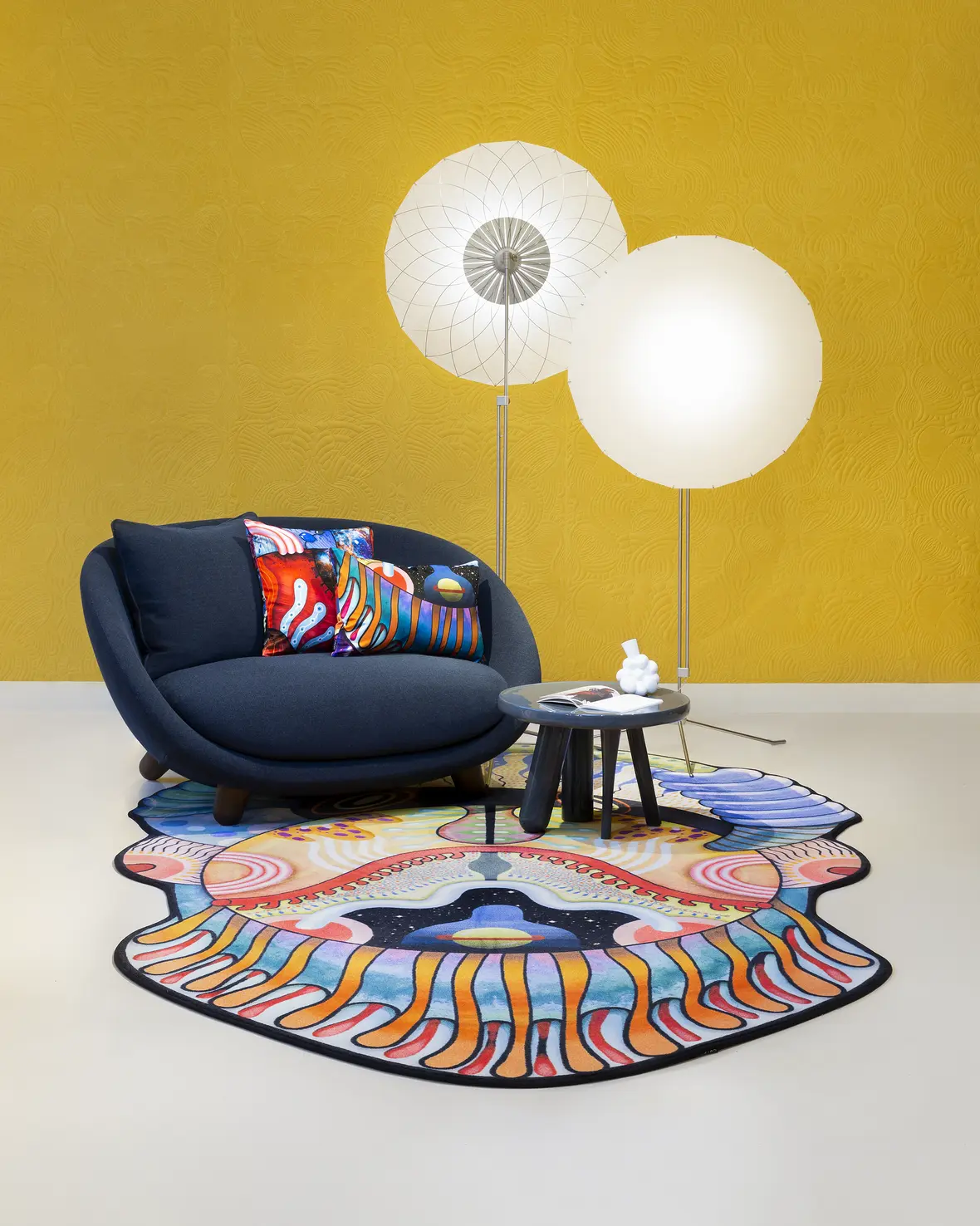 Interior of Showroom Amsterdam 2021 with Love Sofa, Filigree Floor Lamp and Space Escape Carpet